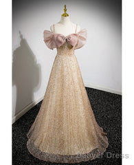 Elegant Gold Rhinestone Sequin Thin Shoulder Strap Off Shoulder Evening Gown With Gold A-Line Princess Bow Short Sleeved Off Back Strap And Floor Length Prom Dress