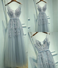 Elegant Gray A-Line Tulle Long Prom Dress V Neck Prom Dresses Lace Evening Dress
