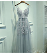 Elegant Gray A-Line Tulle Long Prom Dress V Neck Prom Dresses Lace Evening Dress