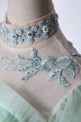 Elegant Green A-Line Princess Prom Dresses, A-Line Lace Evening Party Dresses