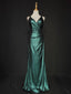 Elegant Green Spaghetti Strap V-Neck Ruffled Satin Long Prom Dresses Evening Dresses