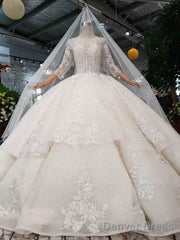 Elegant Half Sleeves Ball Gown Lace Layer Wedding Dress
