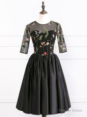 Elegant Half Sleeves Satin Ball Gown Short Sexy See Through Black Prom Dresses