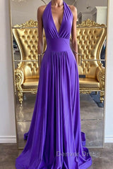 Elegant Halter Neck Backless Purple Long Prom Dresses, Backless Purple Formal Graduation Evening Dresses