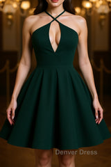 Elegant Halter Neck Dark Green Short Prom Dresses, Dark Green Formal Graduation Homecoming Dresses