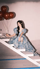 Elegant High Low Blue Floral Prom Dresses Long Formal Dress