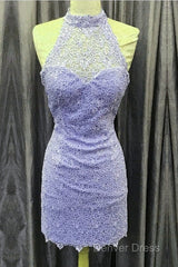 Elegant High Neck Open Back Lace Homecoming Dresses Sheath Party Dresses