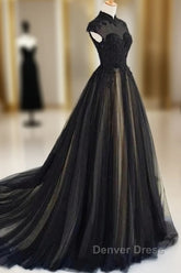 Elegant High Neck Prom Dresses Black Formal Dresses A Line Floor Length Evening Dresses