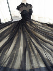 Elegant High Neck Swee Train Rhinestone Prom Dresses, Black Formal Dresses