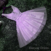 Elegant Homecoming Dress Lavender Lace Appliques Tulle Plunge V Sleeveless Knee Length A-Line Wedding Guest Dress