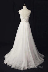 Elegant Ivory Tulle V-Neck A Line Floor Length Wedding Dresses