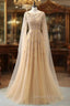 Elegant Jewel Long Sleevess Ruffle Prom Dresses with Beadings On Sale
