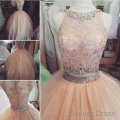 Elegant Lace Crop Top Pink Tulle Ball Gown Quinceanera Dresses Two Piece
