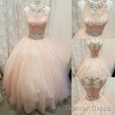 Elegant Lace Crop Top Pink Tulle Ball Gown Quinceanera Dresses Two Piece