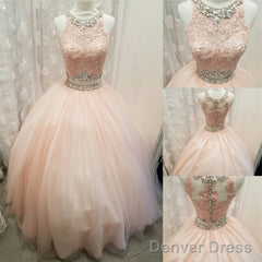 Elegant Lace Crop Top Pink Tulle Ball Gown Quinceanera Dresses Two Piece