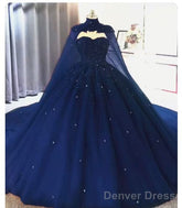 Elegant Lace Embroidery Tulle Beaded Quinceanera Prom Dresses Navy Blue Ball Gown With Cape