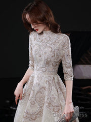 Elegant Lace Mid-Sleeve Long Formal Dress, Champagne High Neck Evening Party Dress