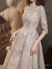 Elegant Lace Mid-Sleeve Long Formal Dress, Champagne High Neck Evening Party Dress