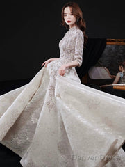 Elegant Lace Mid-Sleeve Long Formal Dress, Champagne High Neck Evening Party Dress