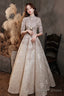 Elegant Lace Mid Sleeve Long Prom Dress, Champagne High Neck Prom Dresses