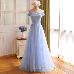 Elegant Light Blue Lace Applique Top Long Party Dresses, Off Shoulder Bridesmaid Dresses