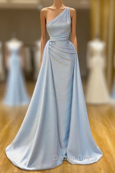 Elegant Light Blue One-shoulder Overskirt Soft-pleated Prom Dresses