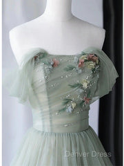 Elegant Light Green A-Line Tulle Off The Shoulder Long Prom Dresses Evening Dresses,