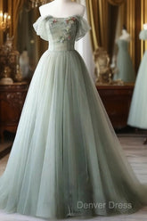 Elegant Light Green A-Line Tulle Off The Shoulder Long Prom Dresses Evening Dresses,