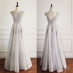 Elegant Light Grey Cap Sleeve Lac Prints Organza Appliques A-Line Lace Up Back Floor Length Bridesmaid Dresses,