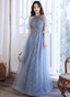 Elegant Light Haze Blue A-Line Halter Cold Shoulder Tulle Long Prom Dresses Evening Dresses