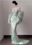 Elegant Light Mint Green Mermaid Sweetheart Neck Pearl Backless Shiny Satin Train Prom Dresses Evening Dresses