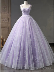 Elegant Light Purple A-Line Tulle Straps Long Prom Dress Evening Dress,