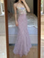 Elegant Light Purple Mermaid Square Neck 3D Floral Lace Long Prom Dresses Evening Dresses
