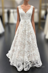 Elegant Long A Line V Neck Floral Lace Wedding Dresses