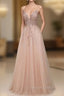 Elegant Long A Line V Neck Sequins Tulle Backless Prom Dresses