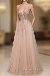 Elegant Long A-line V-neck Sequins Tulle Backless Prom Dresses