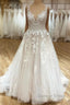 Elegant Long A Line V Neck Spaghetti Straps Appliques Lace Ruffles Tulle Wedding Dresses