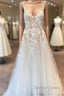 Elegant Long A Line V Neck Tulle Appliques Lace Open Back Wedding Dresses