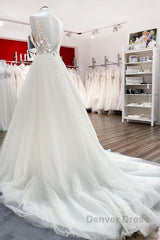 Elegant Long A-line V Neck Tulle Lace Open Back Wedding Dresses