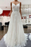 Elegant Long A-Line V Neck Tulle Spaghetti Straps Lace Wedding Dresses