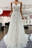 Elegant Long A Line V Neck Tulle Spaghetti Straps Lace Wedding Dresses