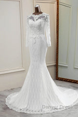 Elegant Long Mermaid Tulle Jewel Wedding Dresses with Sleeves