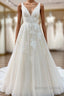 Elegant Long Princess V Neck Tulle Backless Wedding Dresses with Lace