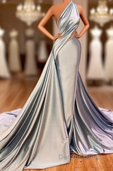 Elegant Mermaid One Shoulder Satin Long Evening Dresses Prom Dresses