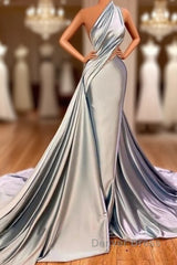 Elegant Mermaid One Shoulder Satin Long Evening Dresses Prom Dresses
