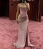 Elegant Mermaid Spaghetti Straps Pink Beads Sequin Slit Long Prom Dress