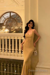 Elegant Mermaid Spaghetti Straps Yellow Long Prom Dresses Birthday Outfits Evening Gown