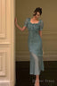 Elegant Mermaid Square Neckline Short Sleeves Blue Chiffon Prom Dresses Birthday Outfits Prom Gowns