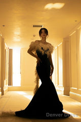 Elegant Mermaid Strapless Black Velvet Prom Dresses Long Formal Dress