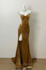 Elegant Mermaid Sweetheart Neck Velvet Long Prom Dresses Strapless Formal Evening Gown